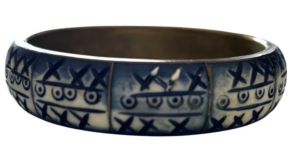 Brass Bangle Blue Dyed Bone Geometric Inlay Boho Tribal Statement Bracelet